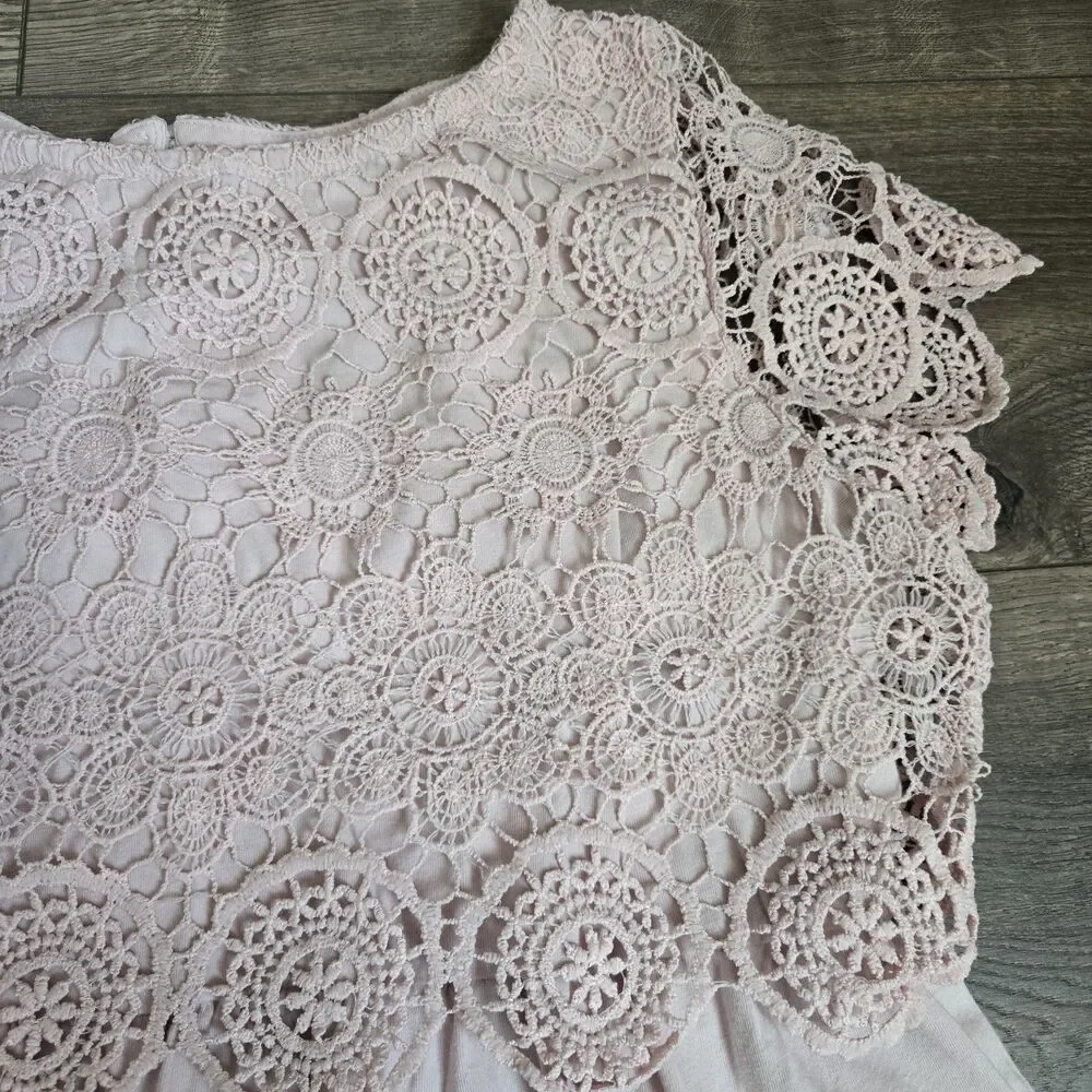 Motherhood Maternity Top M Pink Crochet Lace Overlay Babydoll Short Sleeve - Picture 4 of 13